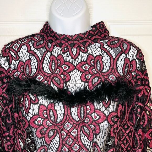 Dance & Marvel Lace Mockneck Open Back Feather Trim Blouse Maroon Black M - Picture 5 of 11